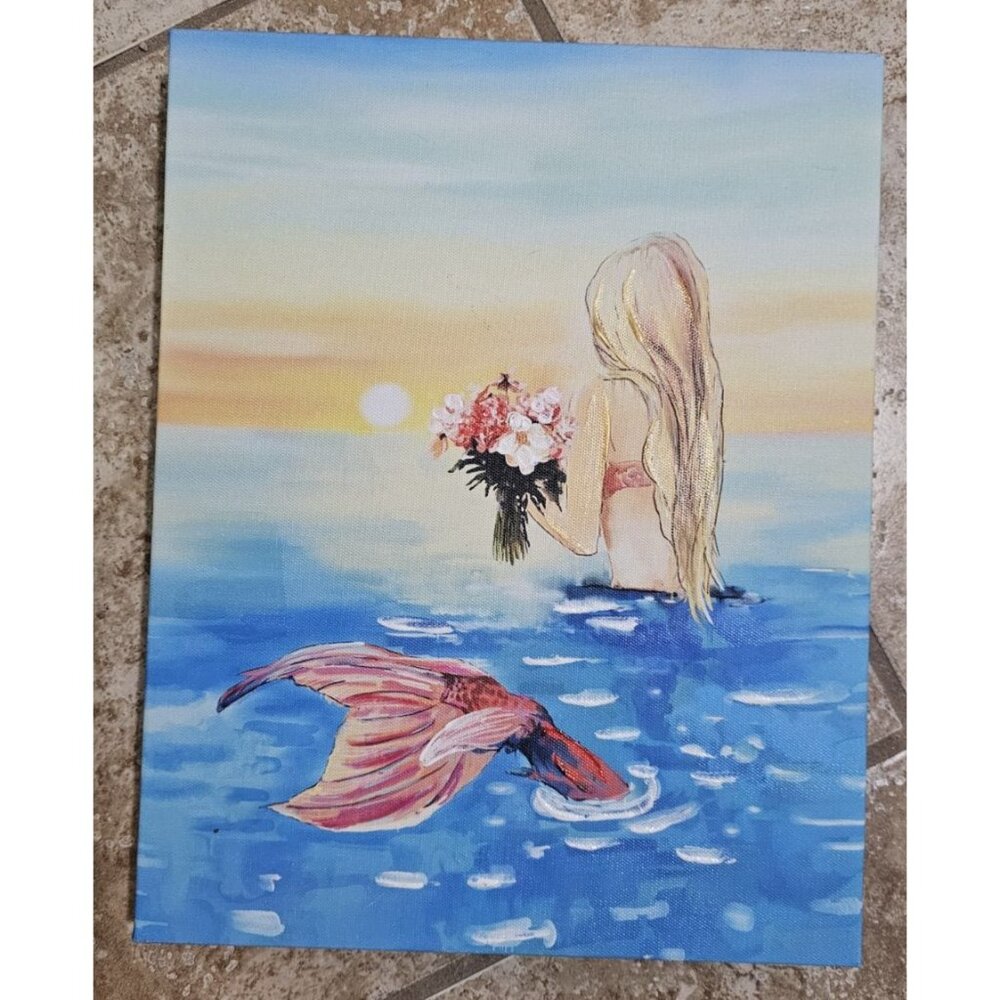 Mermaid Holding Flowers Looking at Sunrise Canvas Wall Art 12x15 Beach Decor
